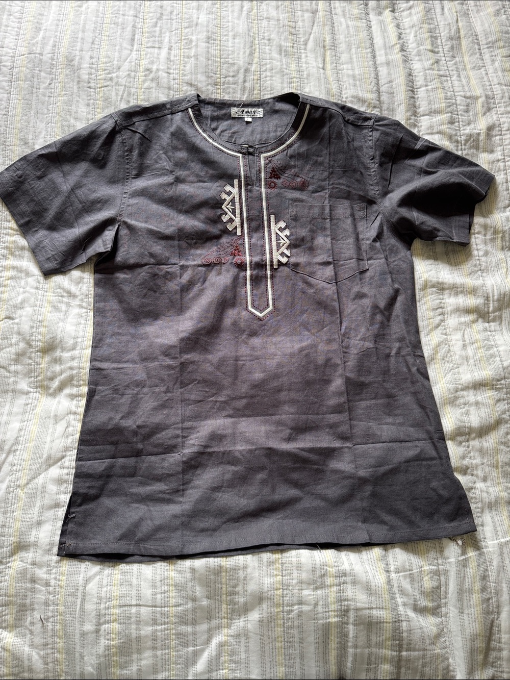 NWT Men's African Embroidered Short-Sleeve Shirt - Charcoal